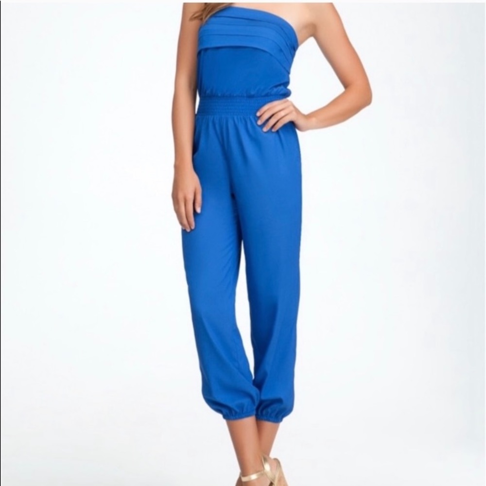 Bebe Strapless Keyhole Back Blue Jumpsuit